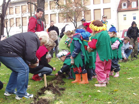 Pflanzaktion auf der Wiese vor der Lutherkirche